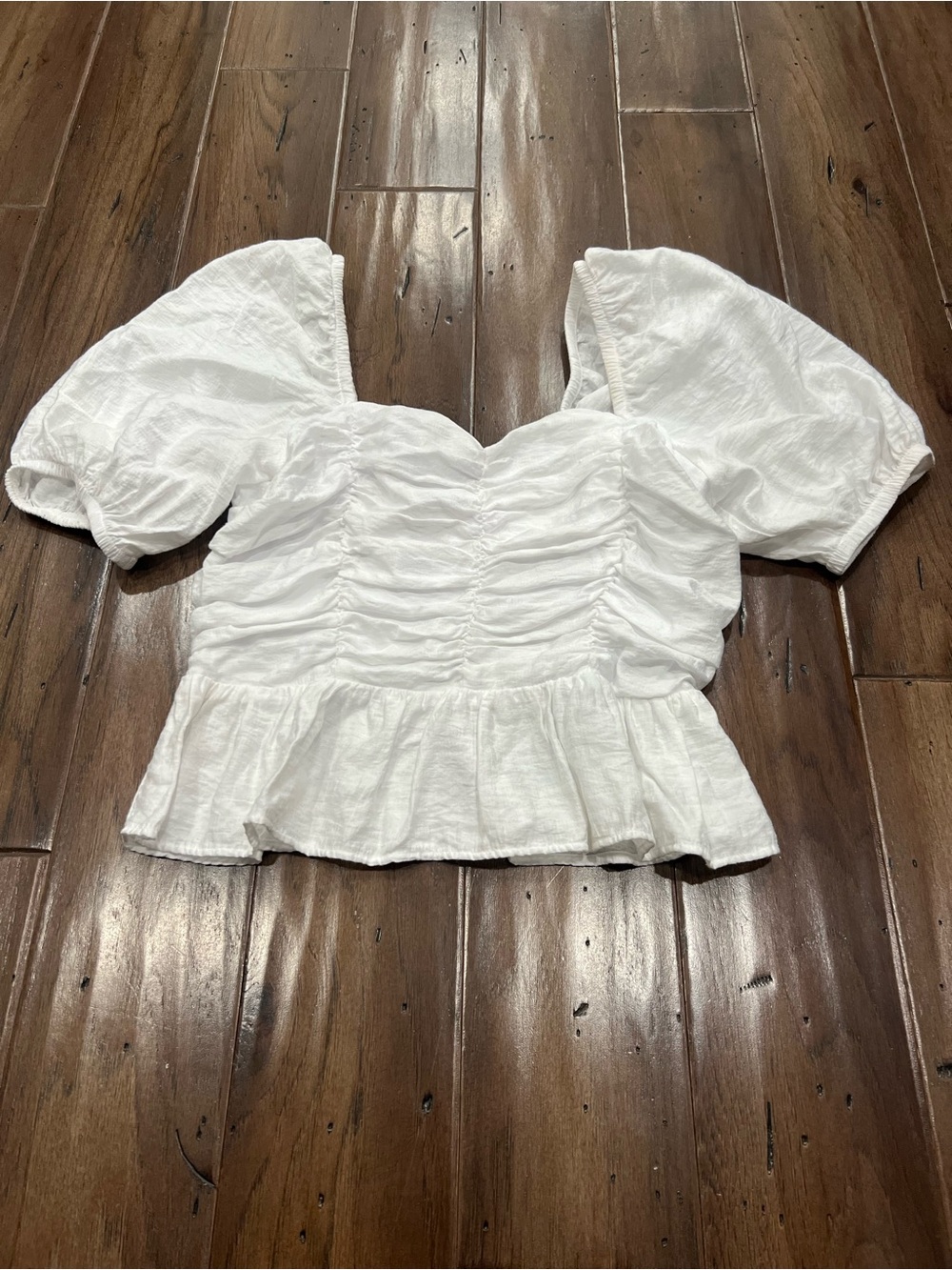 Express White Ruched Peplum Puff-Sleeve Top
